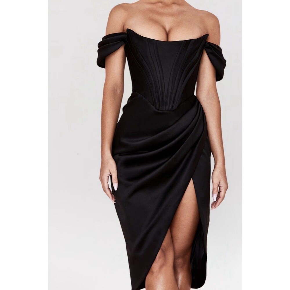 House Of CB ‘Loretta’  Black Satin Off The Shoulder  Dress Sz M